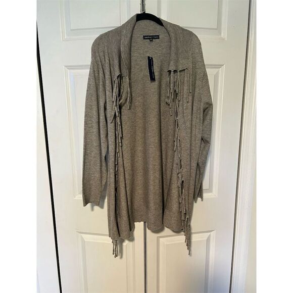 Adrienne Vittadini Women's Fringe Cardigan Gray Size 1X Long Sleeve Open Front - Picture 1 of 6